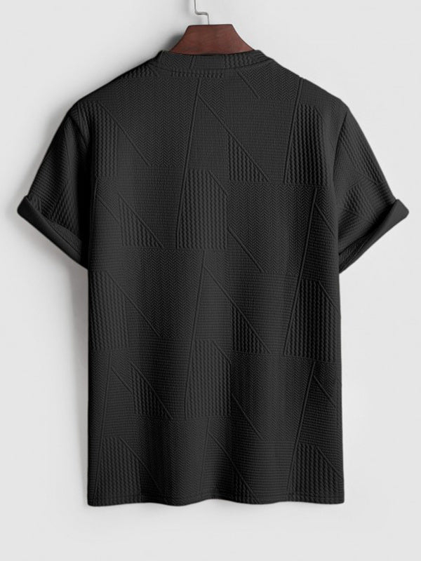 Geometric jacquard round  neck short sleeved T-shirt-Black
