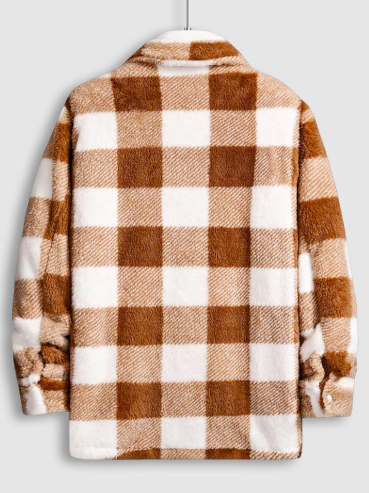 Men's Classic Plaid  Fluffy Faux Fur Single Pocket Button Lapel Jacket