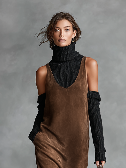 Women's Retro Simple Suede U-Neck Sleeveless Tank Midi Dress MDA0259I1Y