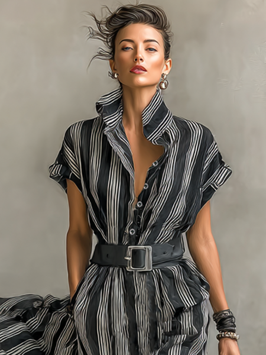 Women's Chiffon Striped Printed Lapel Short-sleeved Belted Maxi Dress MDA0926G6Y