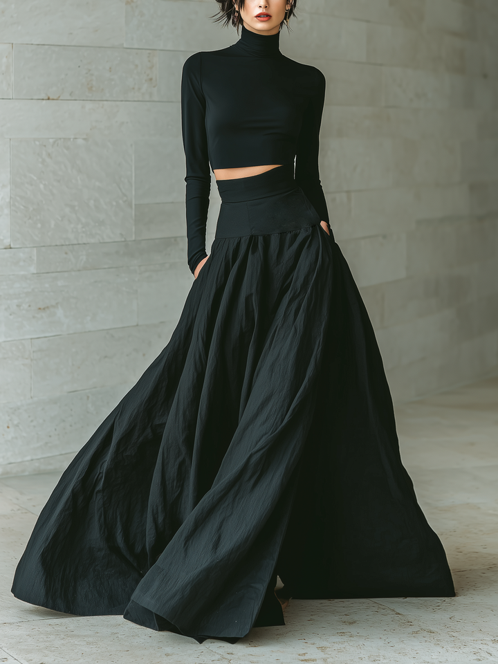 Women's Fashionable And Elegant Black Fitted Turtleneck Long-sleeved Cropped Top Paired With A Black Long Skirt MDA2692K3AN