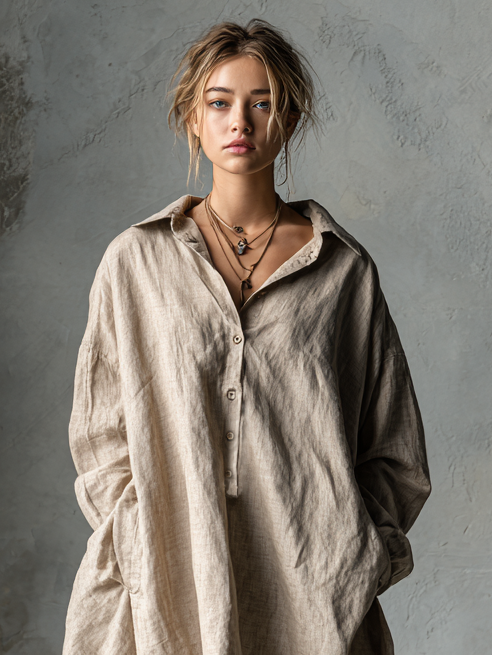 Women's Fashion Loose Cotton And Linen Button Lapel Mini Dress MDA1854H2Y