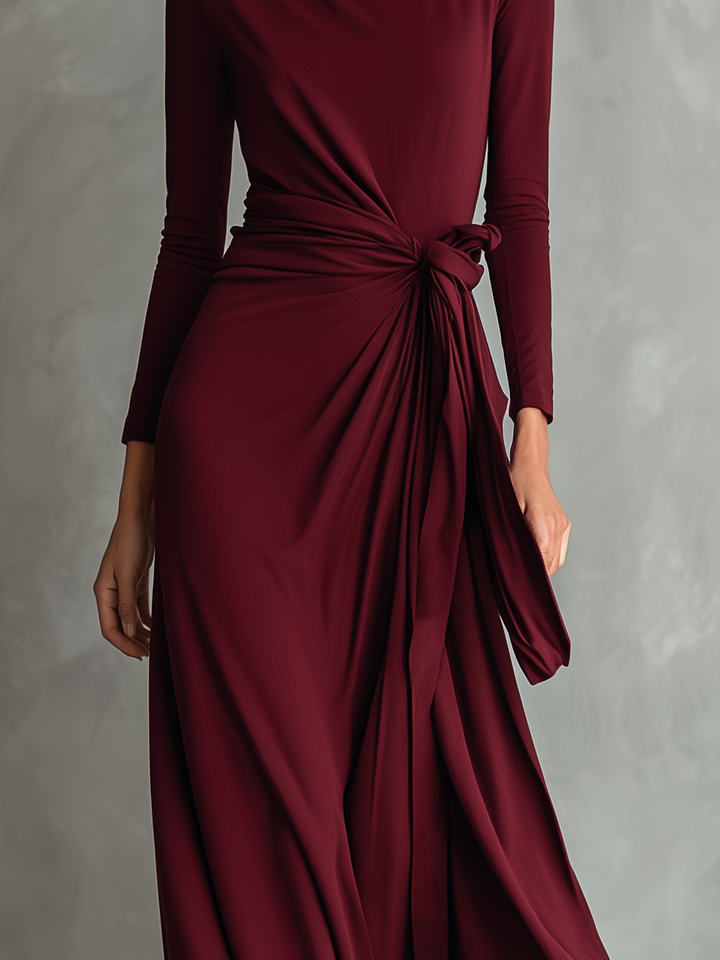 Women's Elegant Dark Red Stretchy Knit Long-sleeved Maxi Dress MDA2569L8AN
