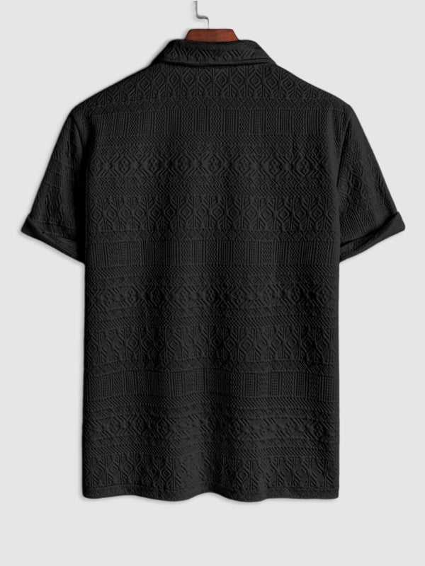 Geometric Retro Jacquard Polo + Casual Shorts 2-piece set-BLACK