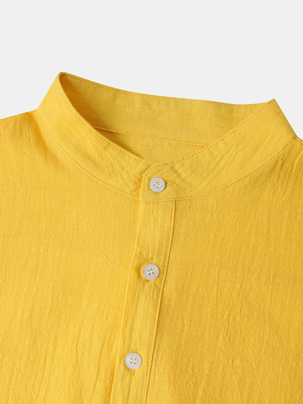 Men's Cotton Linen Textured Half Placket Short Sleeve Shirt