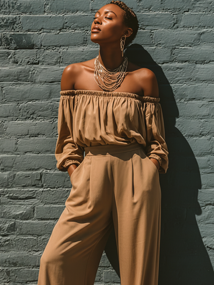 Women's Minimalist Strapless Long-sleeved Blouse And Straight-leg Pants Set MDA1799L3Y