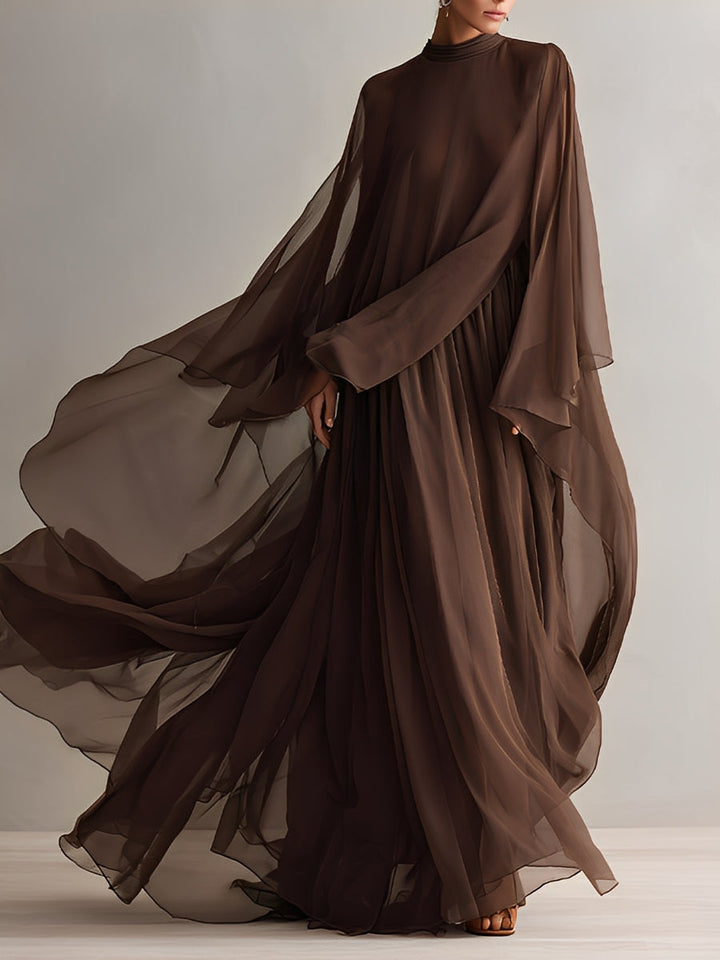 Women's Rich Brown Chiffon Dress With Flowy Maxi Silhouette & Cape-like Design, Modern Elegant-Glam Style Dress MDA1967L4I