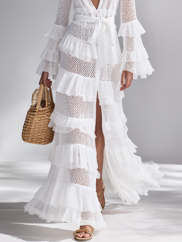 Women's Crisp White Crochet Knit Cardigan With Deep V-Neck & Layered Ruffles, Timeless Bohemian-Glam Style Cardigan MDA2372L3I