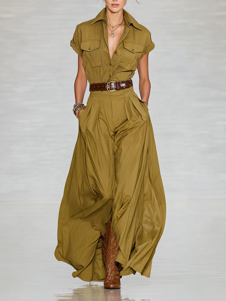 Women's Cotton Blend Lapel Single-breasted Short-sleeved Shirt Maxi Dress MDA1876G9Y