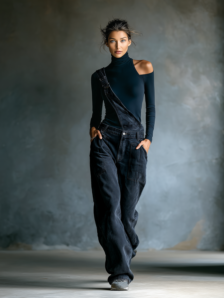 Women's Black Cotton One-shoulder Turtleneck Top And Blue-grey Denim Loose-fitting Overalls Set MDA2045K8T