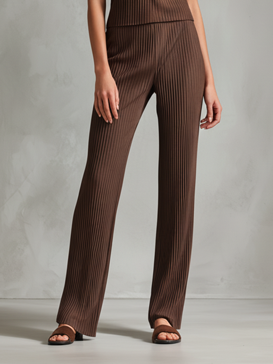 Women's Minimalist Style Brown Pleated Fabric Pants Set MDA2581L8BA