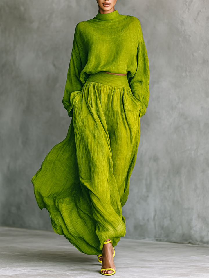 Women's Green Turtleneck Top and Maxi Skirt Set MDA2938G4T