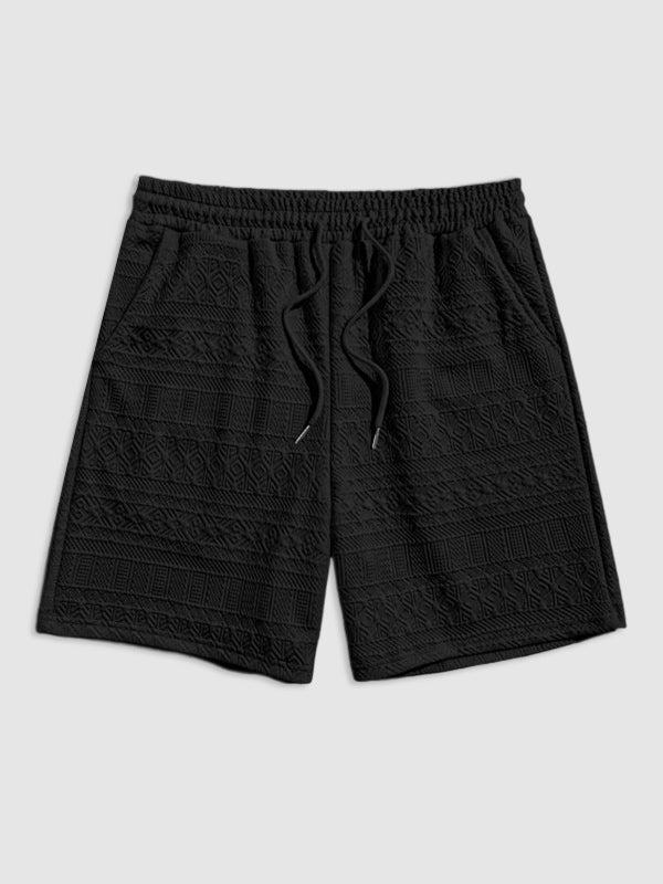 Geometric Retro Jacquard Polo + Casual Shorts 2-piece set-BLACK