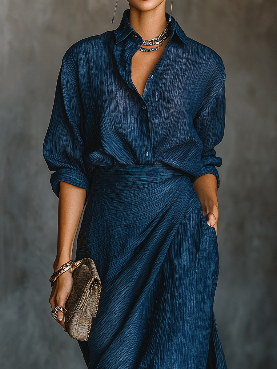 Women's Elegant Dark Blue Textured Pleated Fabric Shirt And Dress Set MDA0665H5T