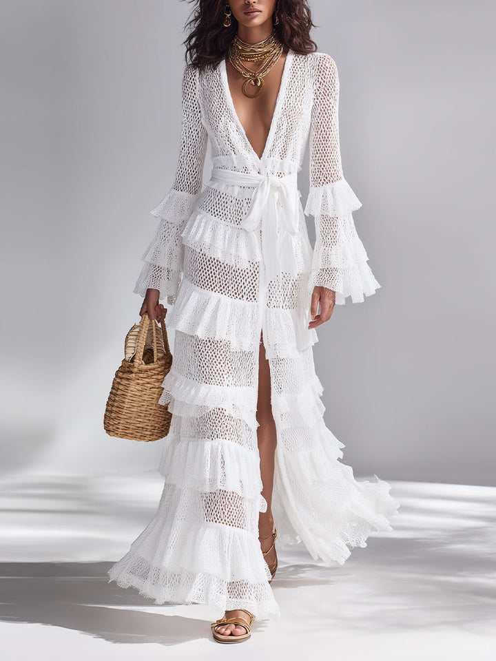 Women's Crisp White Crochet Knit Cardigan With Deep V-Neck & Layered Ruffles, Timeless Bohemian-Glam Style Cardigan MDA2372L3I