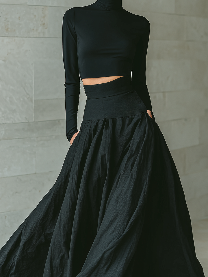 Women's Fashionable And Elegant Black Fitted Turtleneck Long-sleeved Cropped Top Paired With A Black Long Skirt MDA2692K3AN