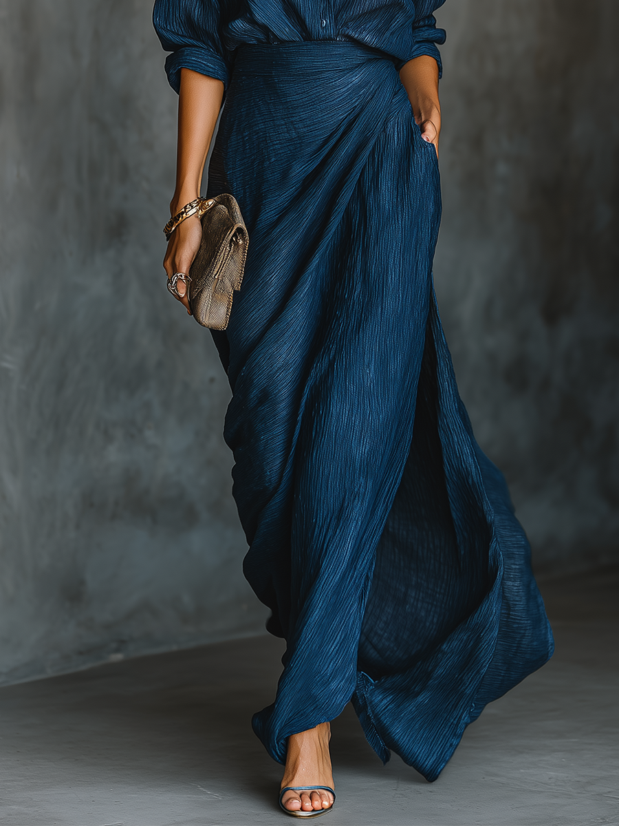 Women's Elegant Dark Blue Textured Pleated Fabric Shirt And Dress Set MDA0665H5T