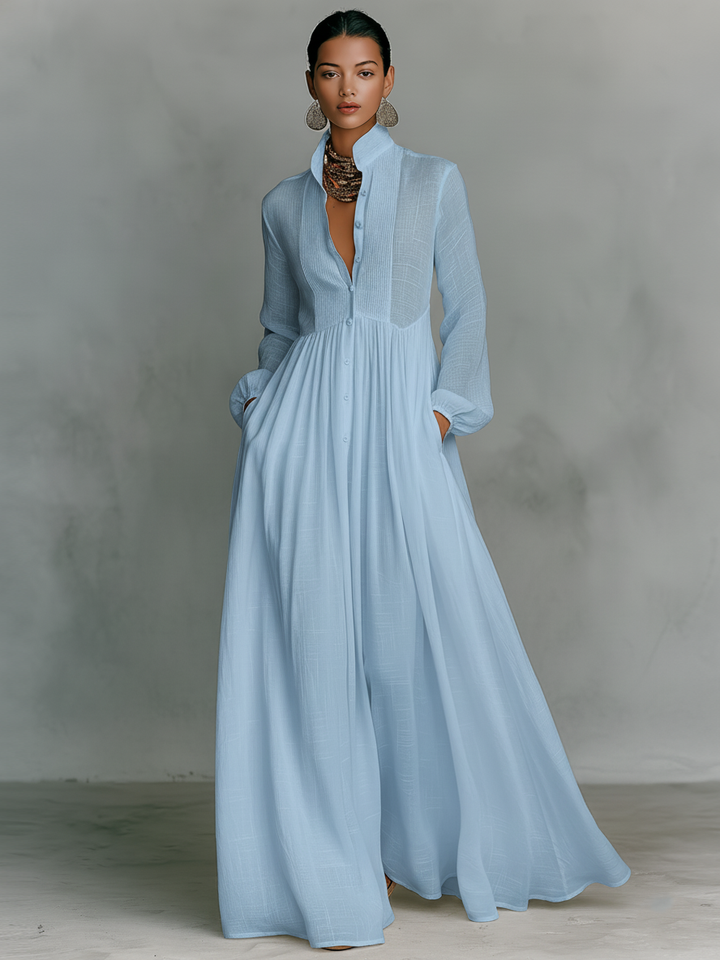 Women's Minimalist Cotton And Linen Patchwork Single-breasted Stand-up Collar Long-sleeved Maxi Dress MDA0658K6Y