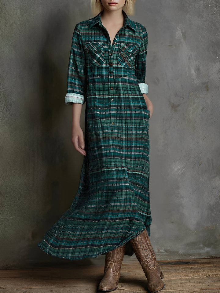 Women's Plaid Print Long-sleeved Shirt Maxi Dress MDA0514L8Y