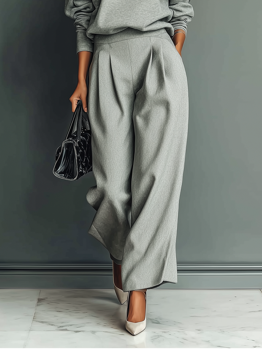 Women's Grey Blended Sweatshirt Wide-Leg Pants Set MDA1603H6T