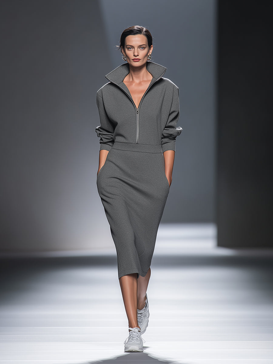 Women's Casual Cotton Polyester Half  Zip Midi Dress MDA0570H1I