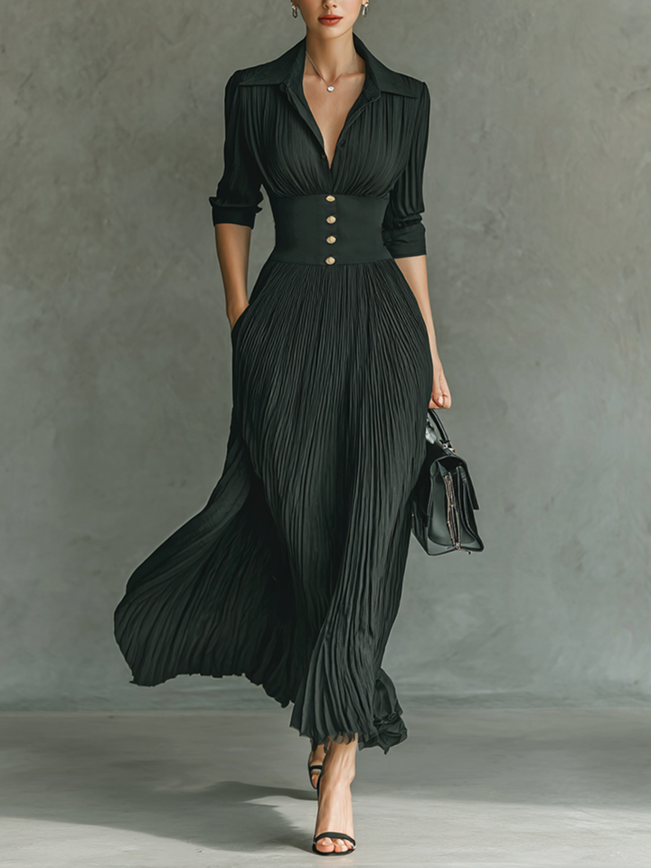 Women's Solid Color Pleated Lapel Waist Long Sleeve Maxi Dress MDA0826G1Y