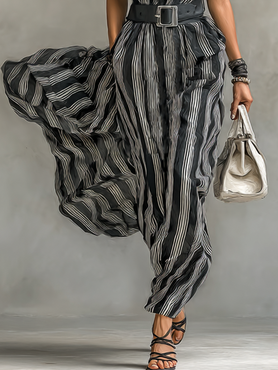 Women's Chiffon Striped Printed Lapel Short-sleeved Belted Maxi Dress MDA0926G6Y