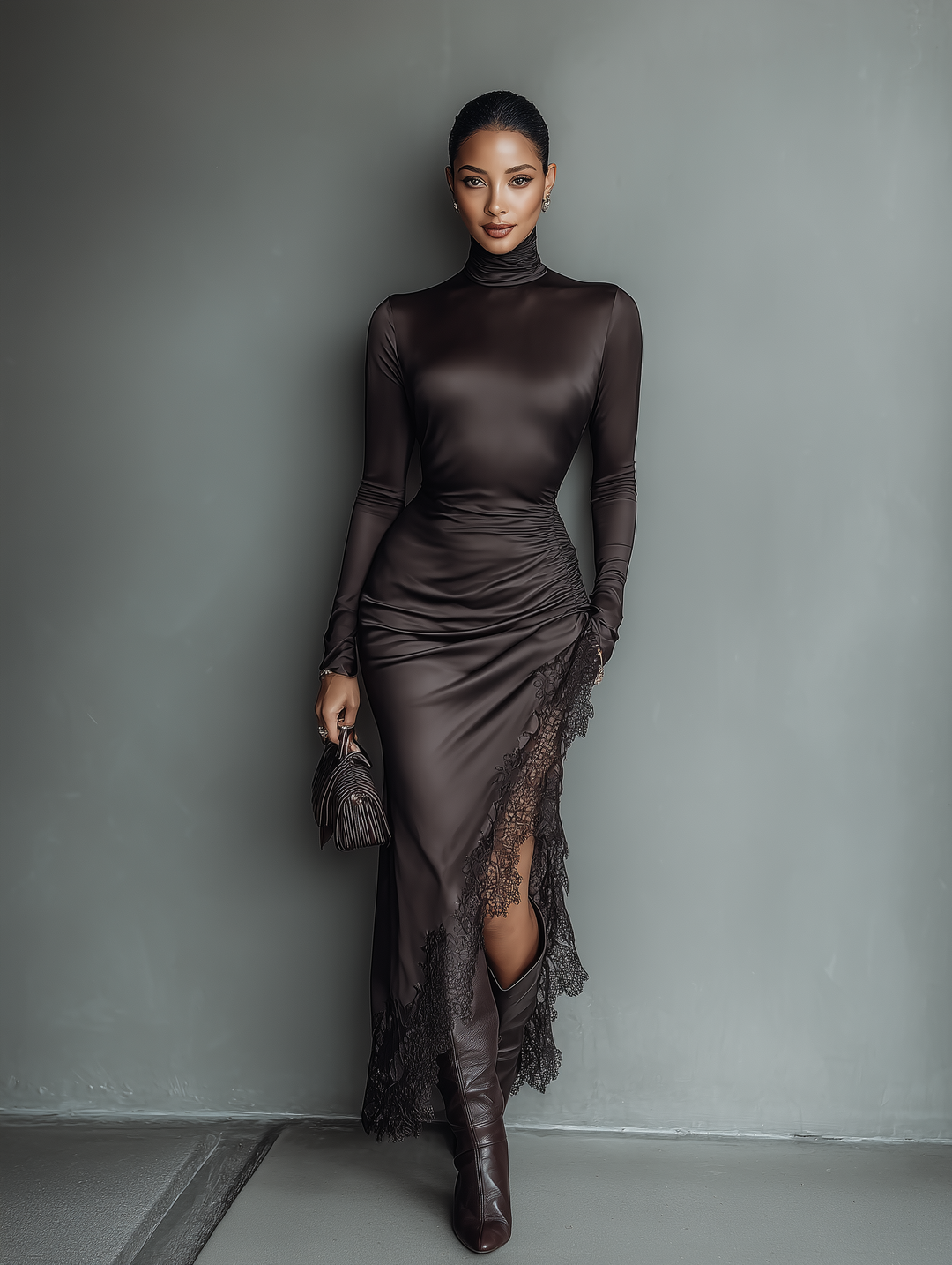 Women's Dark Brown Satin Irregular Hem Lace Slim Maxi Dress MDA0501H1T