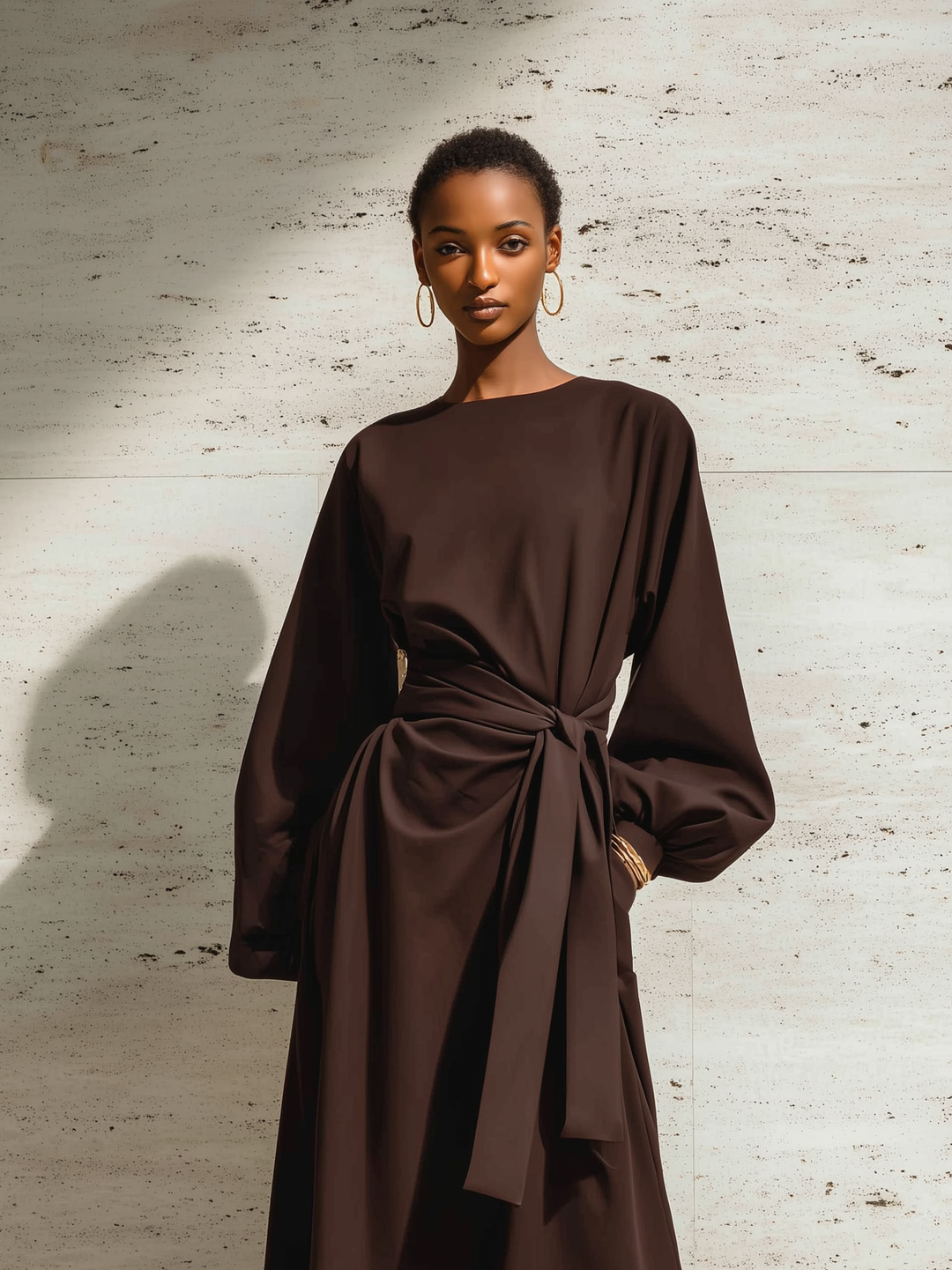 Women's Elegant Brown Round-neck Woven Loose-fitting Long-sleeved Maxi Dress With Belt MDA2548L1AN