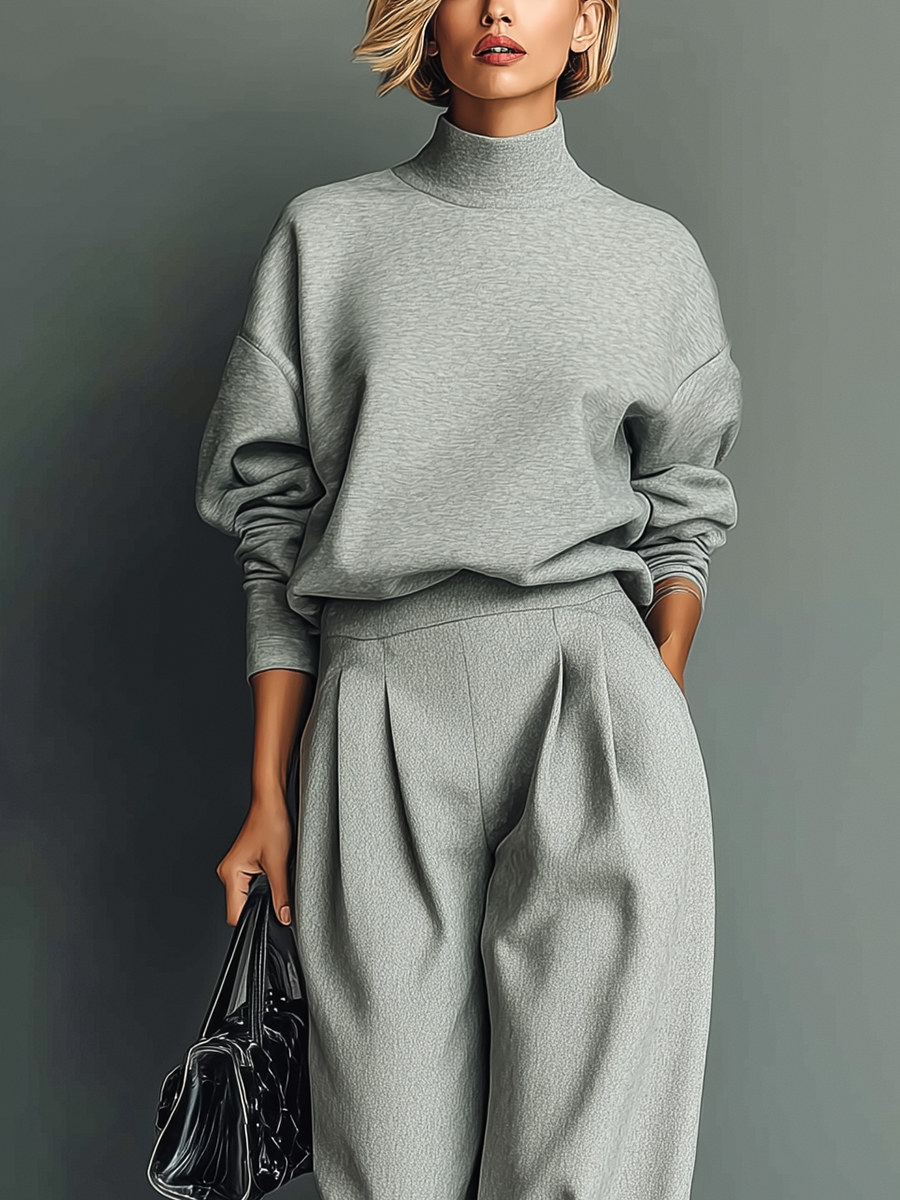Women's Grey Blended Sweatshirt Wide-Leg Pants Set MDA1603H6T