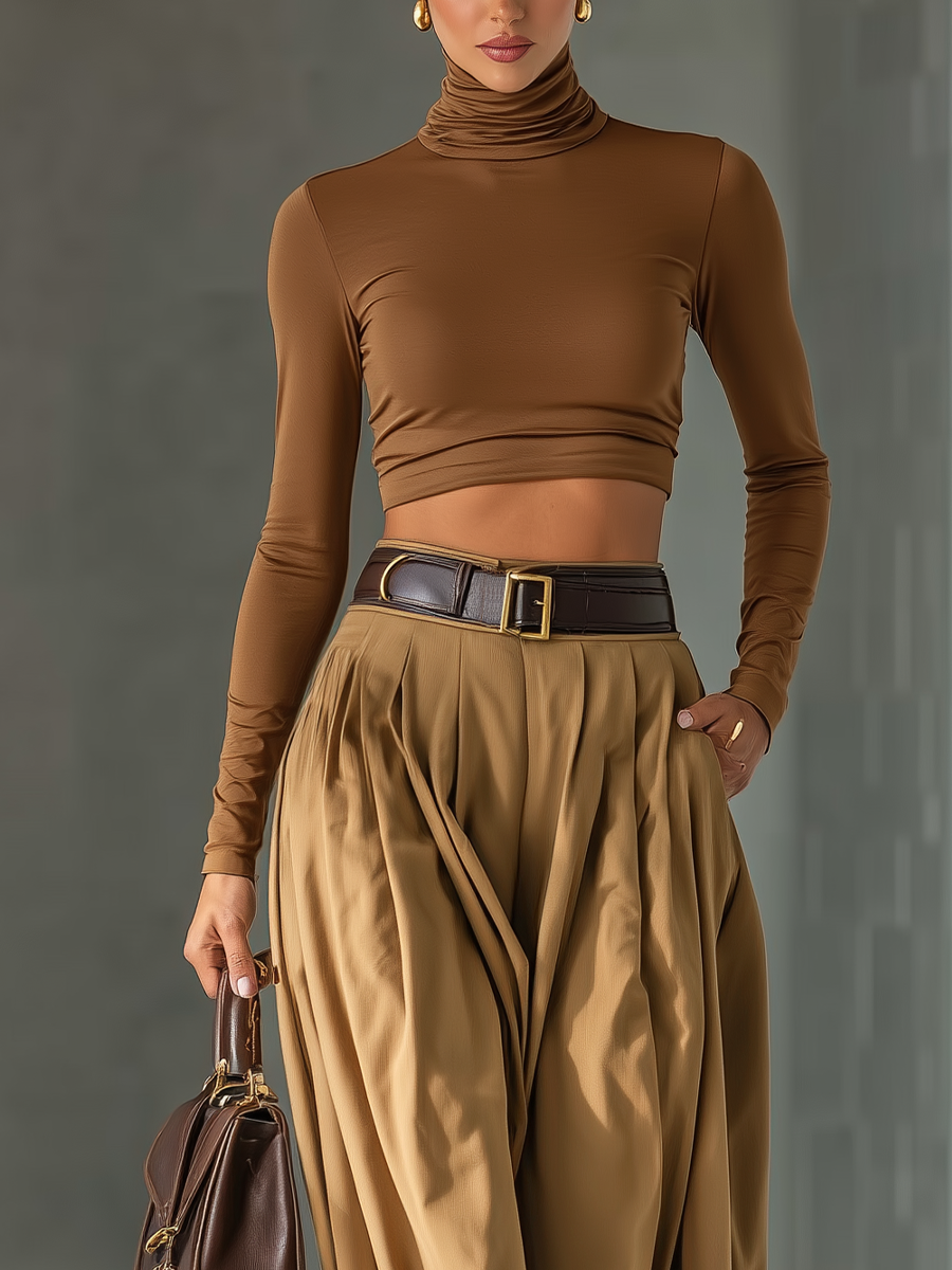Women's Blended Brown Top And Wide-leg Pants Set MDA1209H0T