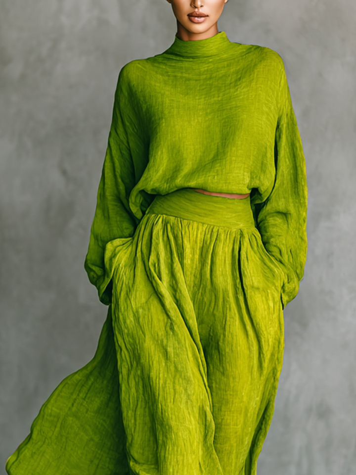 Women's Green Turtleneck Top and Maxi Skirt Set MDA2938G4T