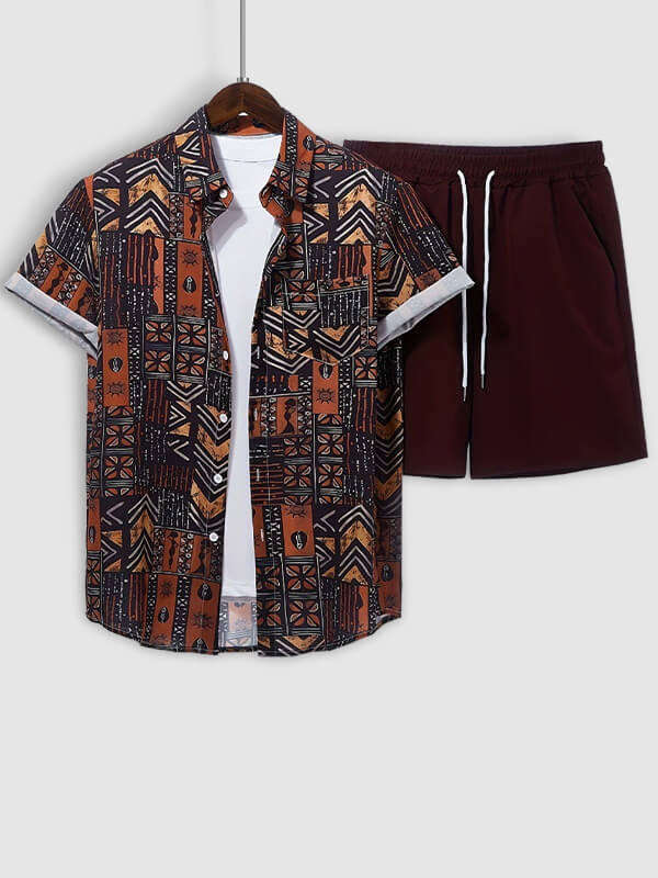 Men's Ethnic Print Casual Short-Sleeve Shirt and Shorts Set