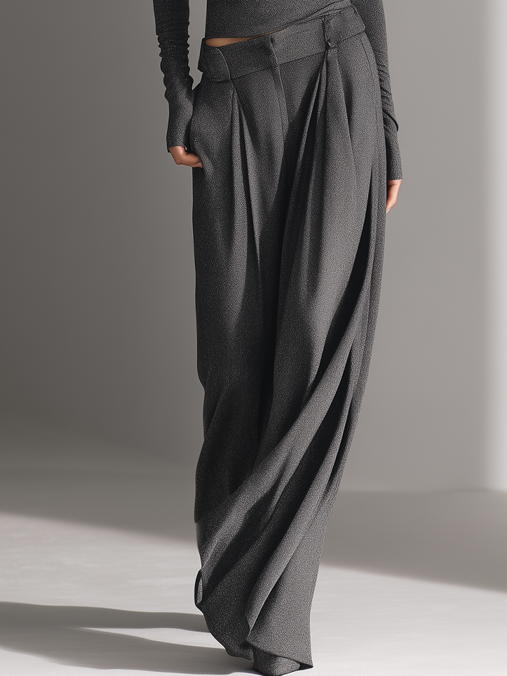 Women's Charcoal Gray Textured Stretchy Set With Off-the-Shoulder Top & Wide-Leg Pants, Modern Edgy-Chic Style Set MDA1685L4I