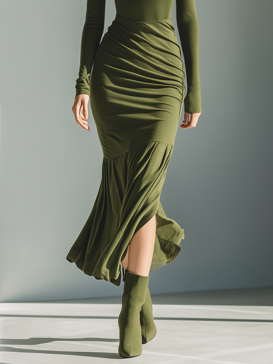 Women's Army Green Stretch Knit High Neck Pleated Slim Fit Maxi Dress MDA0556K1T
