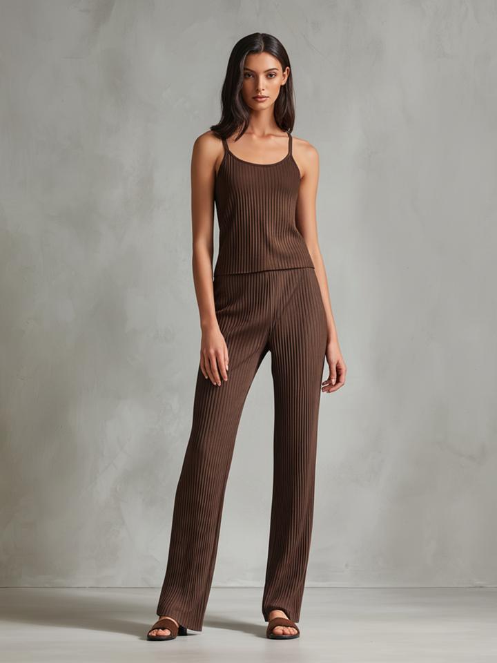 Women's Minimalist Style Brown Pleated Fabric Pants Set MDA2581L8BA