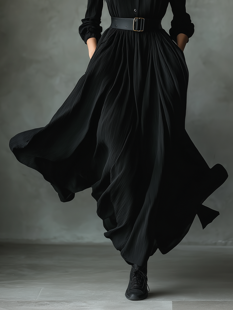Women's Black Blend Textured Pleated Vintage Maxi Dress MDA0859H8T