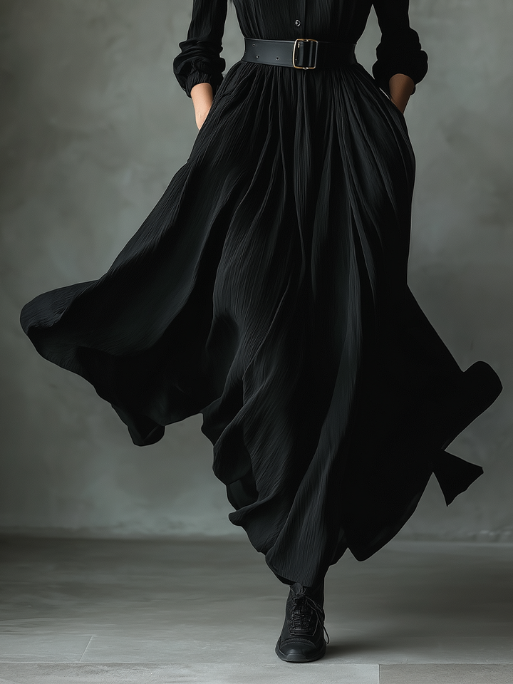 Women's Black Blend Textured Pleated Vintage Maxi Dress MDA0859H8T