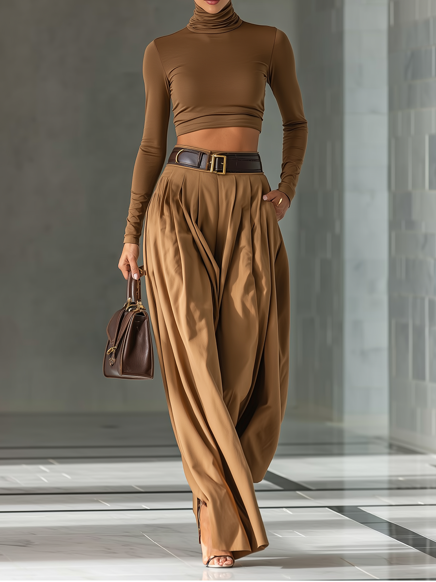 Women's Blended Brown Top And Wide-leg Pants Set MDA1209H0T