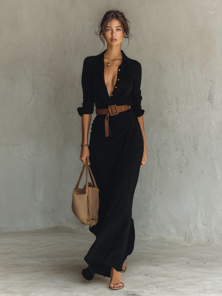 Ladies Lapel Single Breasted Long Sleeve Belted Maxi Dress MDA1500G4Y