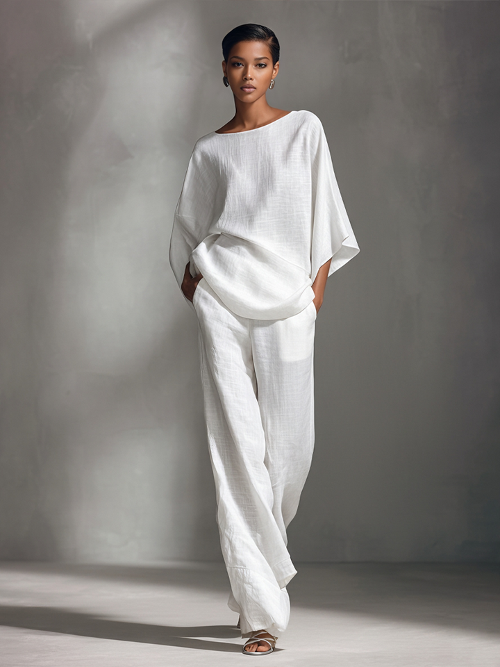 Women's Relaxed Linen-Blend White Boat-Neck Batwing-Sleeve Oversized Top & Wide-Leg Pants Set MDA2065L5AU