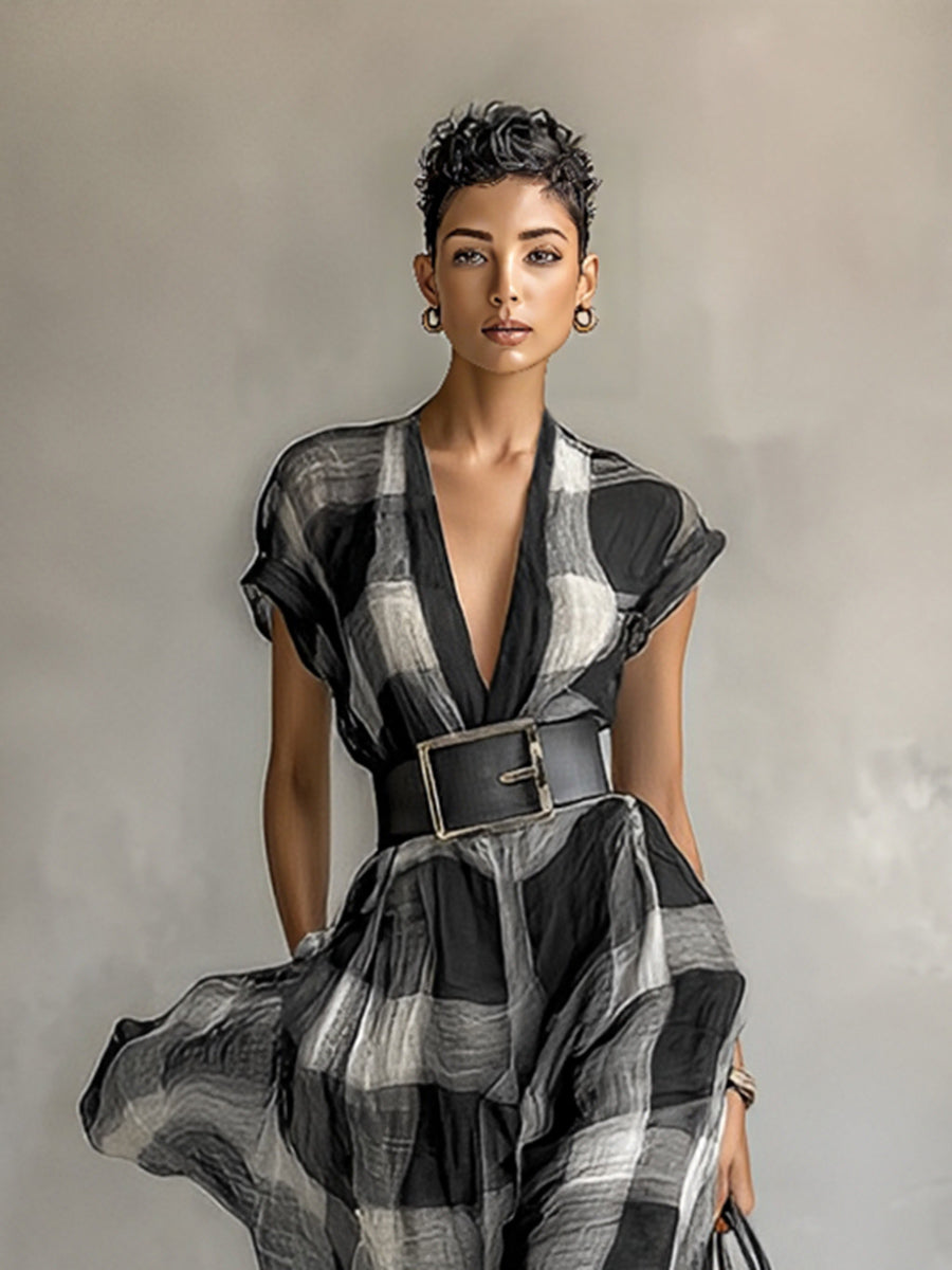 Women's Linen Blend Plaid V-neck Cap Sleeve Belt Maxi Dress MDA1915G6Y