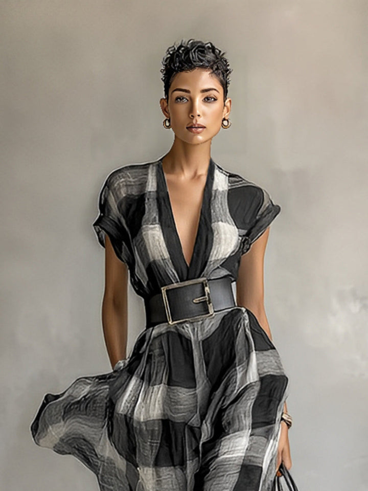 Women's Linen Blend Plaid V-neck Cap Sleeve Belt Maxi Dress MDA1915G6Y