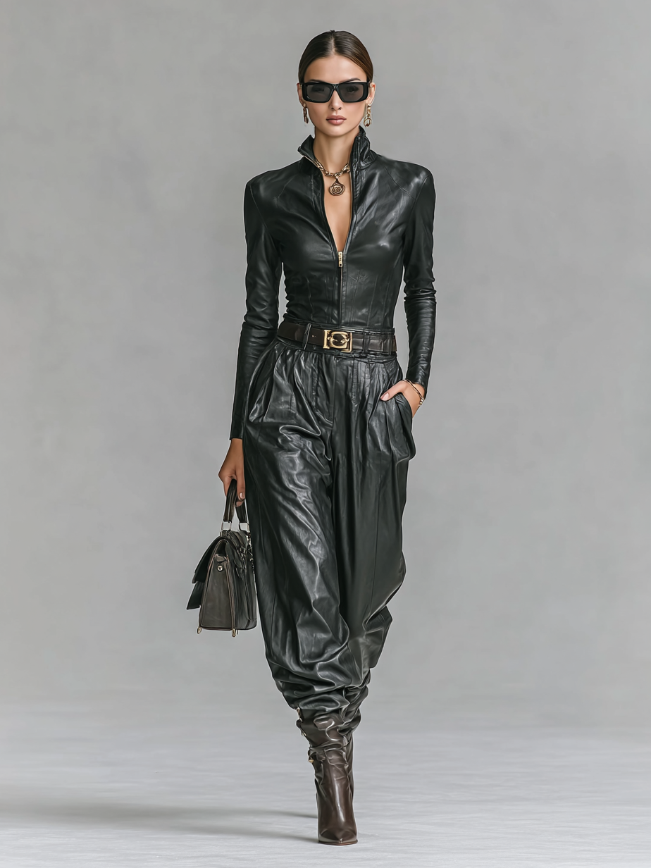 Women's Fashion PU Leather Slim Fit Zipper Stand Collar Shirt Pants Set (Without Belt)MDA2743H0Y