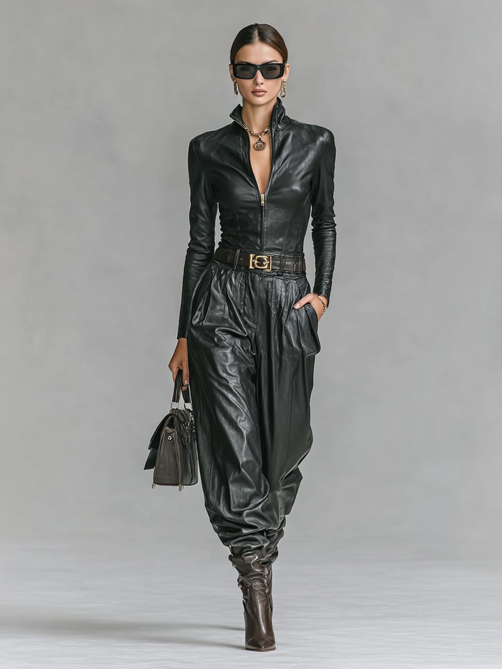 Women's Fashion PU Leather Slim Fit Zipper Stand Collar Shirt Pants Set (Without Belt)MDA2743H0Y