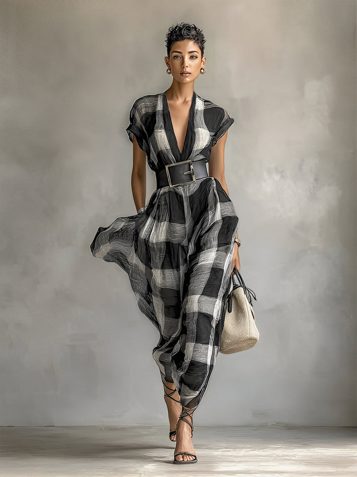 Women's Linen Blend Plaid V-neck Cap Sleeve Belt Maxi Dress MDA1915G6Y