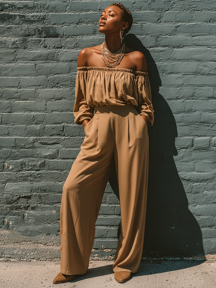 Women's Minimalist Strapless Long-sleeved Blouse And Straight-leg Pants Set MDA1799L3Y