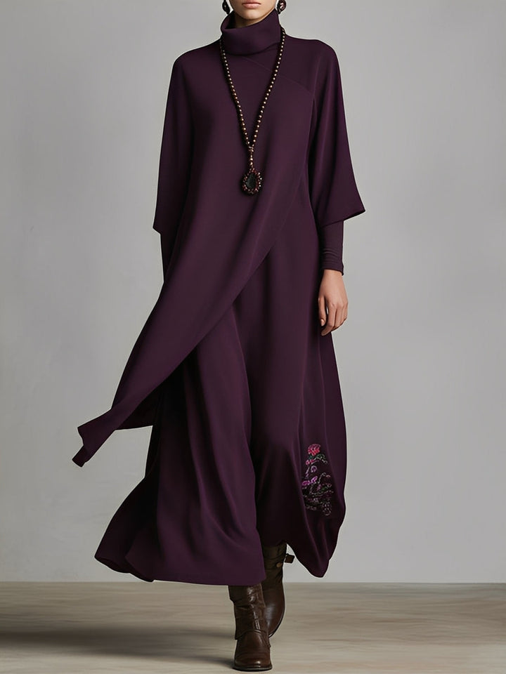 Women's Plum Draped Cotton-Blend Jersey Elegant Turtleneck Embroidered Maxi Dress MDA1202K8I