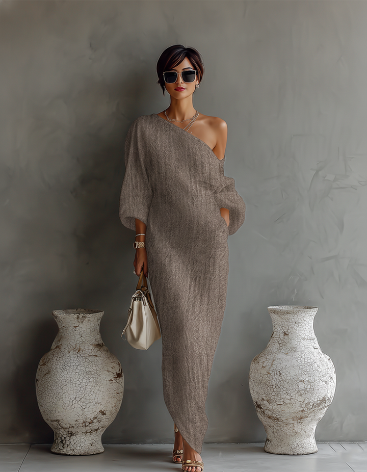 Women's Ivory White Cotton-Linen Blend One-Shoulder Flowing Elegant Dress MDA3032K4T