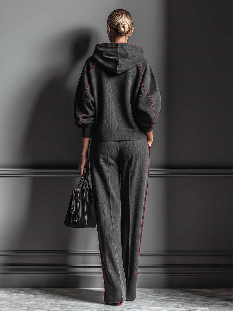 Women's Dark Gray Air Layer Red Contrasting Edge Hooded Sweatshirt And Straight Pants Set MDA1635J7T